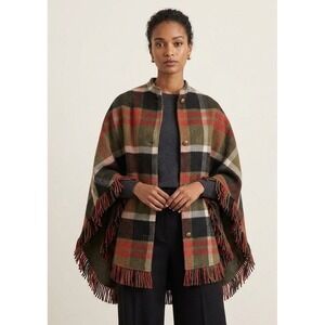 Vintage Wool REVERSIBLE Red/Blk/Olive Plaid Cape Poncho W/Pockets & Fringe  EUC